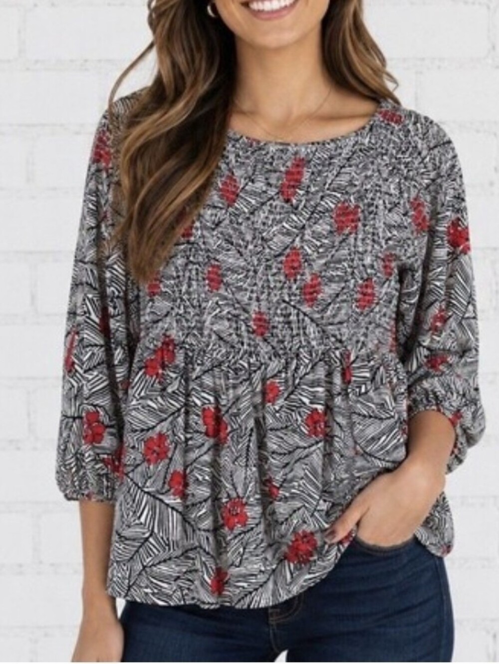 J.JILL Women’s Black & White Floral Smocked Peasant Top with Red Accent SZ MP